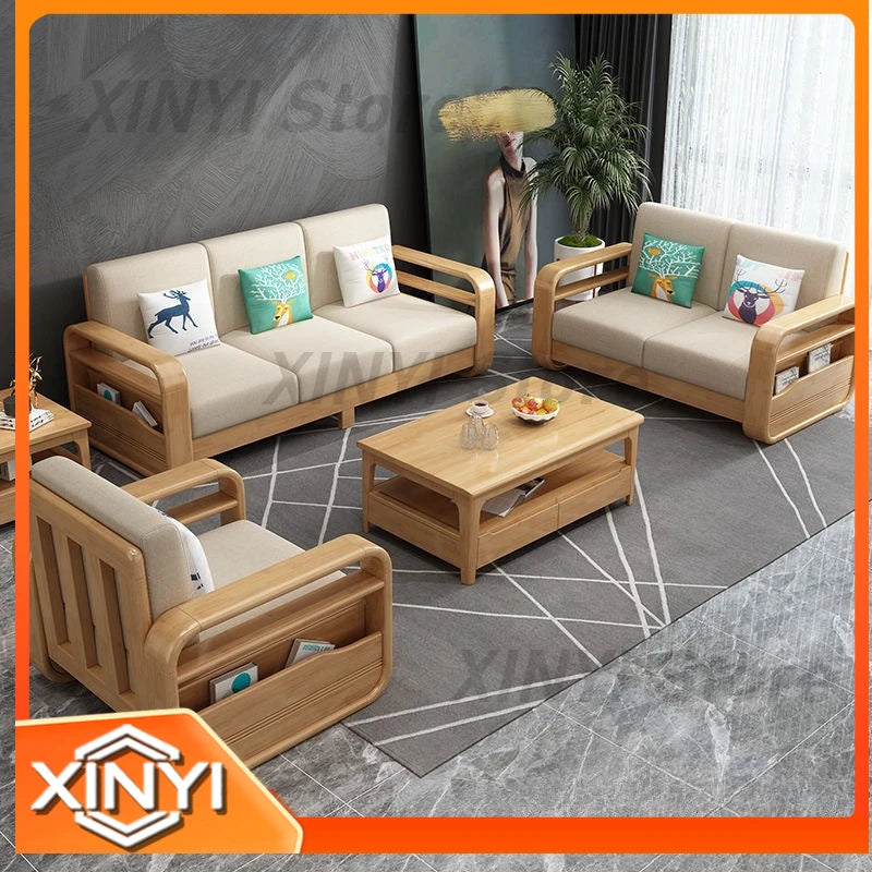 All Solid Wood Sofa and Nordic Living Room Coffee Table Combination for Modern Home Decor