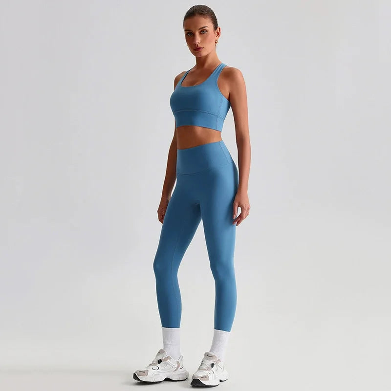 Naked Feel Yoga Set Women Fitness Sportswear 2 Piece Strappy Sports Bra High Waist Gym Leggings Workout Outfit Active Wear