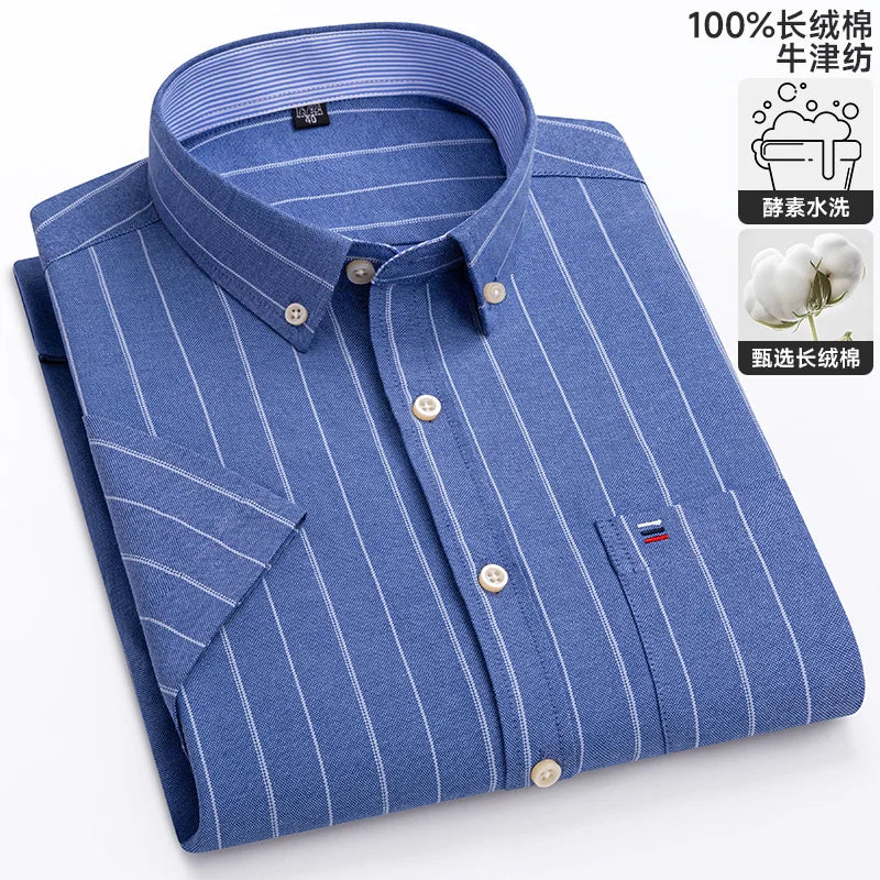 New 100% Cotton Oxford Men's Shirts Short Sleeve Plaid Soft Regular Fit Formal Dress Shirt Social Blouse Male Clothes 6XL 7XL