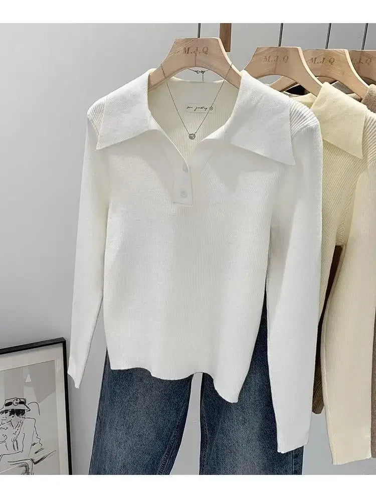 Polo Collar Knit Sweater Women Pullovers Casual Button Front Long Sleeve Rib-knit Jumper Chic Knitwear Trend Autumn Winter Tops