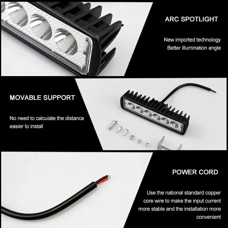18w 6 LED Car Work Light High Bright Spotlight Universal Offroad Automobile Truck Driving Fog Headlights DRL Driving Lamp 12V
