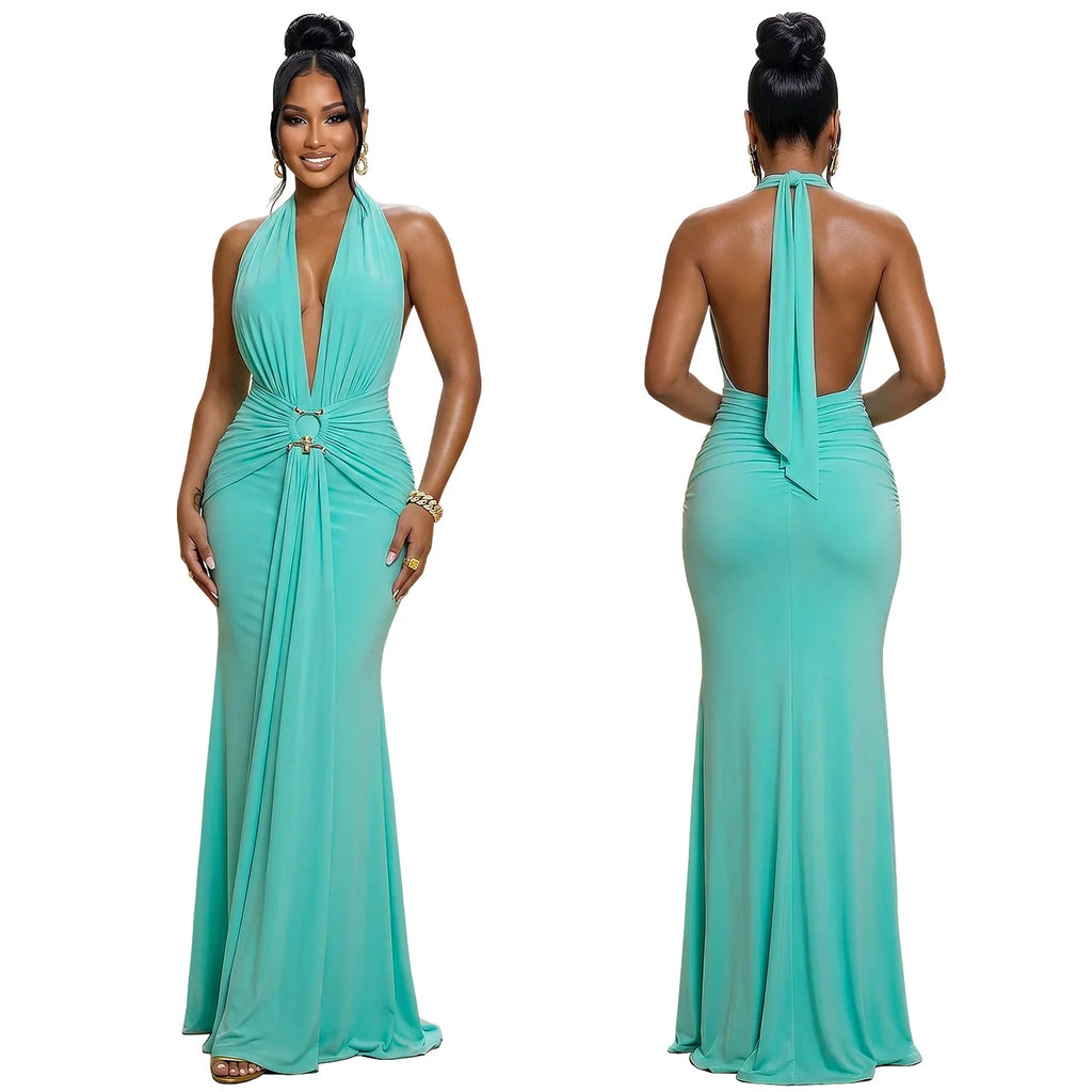 EINY Sexy Women White Halter Maxi Dress Elegant Backless Ruched Bodycon Long Gown Party Club Night Birthday Mermaid Dresses Y2K