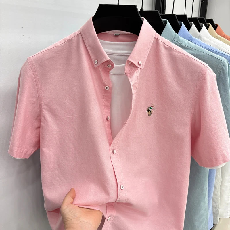 Short Sleeved Shirt Men's Summer New Item Pure Cotton High-end Brand Little Horse Logo Embroidered Casual Shirt