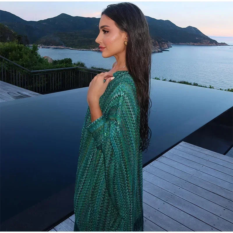 Elegant Tassel Hem Long Dress Women Loose V-neck Full Sleeve Scarf Dresses 2025 Autumn Party Evening Dresses Luxurious Lady Robe