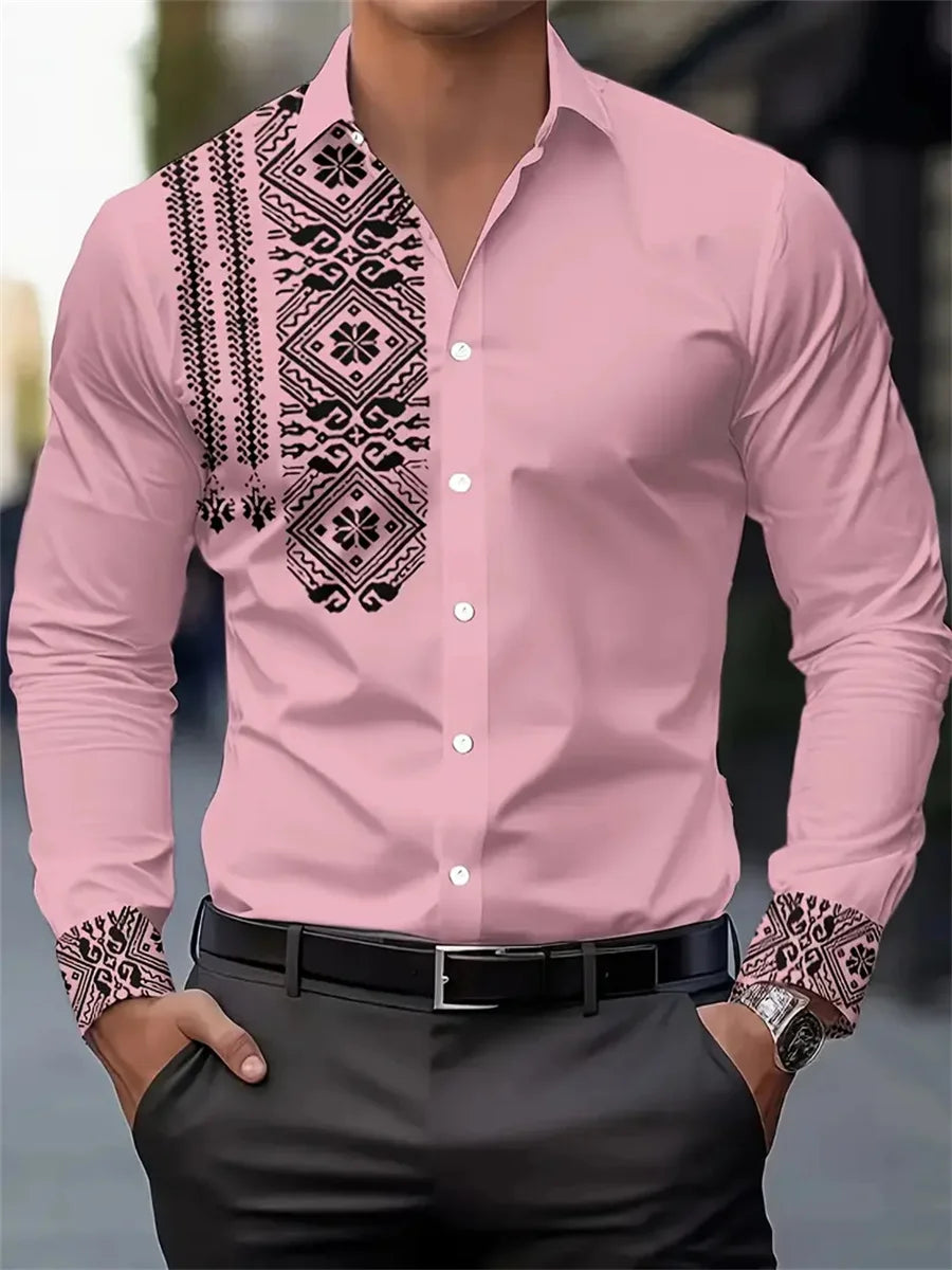 Men's shirt 3D printing retro ethnic style long-sleeved casual shirt high quality fashion lapel versatile top xs-6XL size