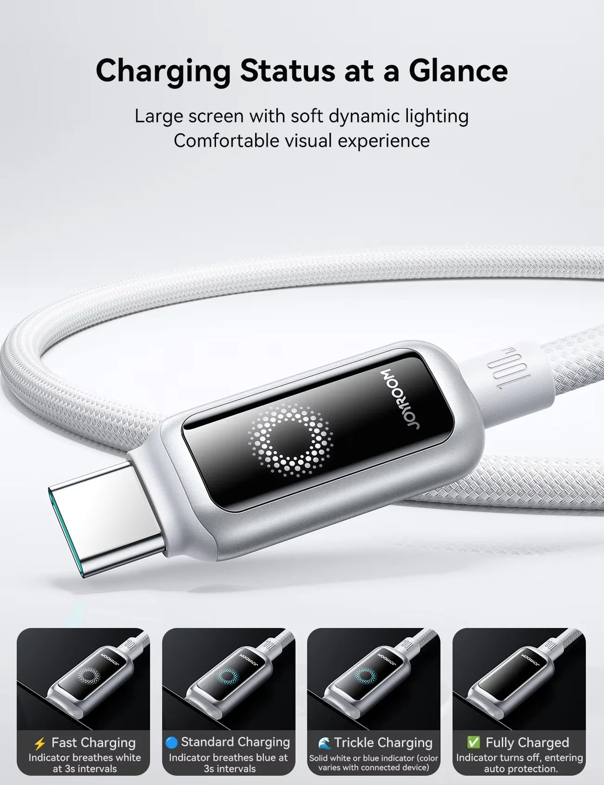JOYROOM Smart Safe 100W PD Fast Charging Cable - USB-C with Auto-Shutoff, LED Indicator & Smart Chip for iPhone 17/16/15