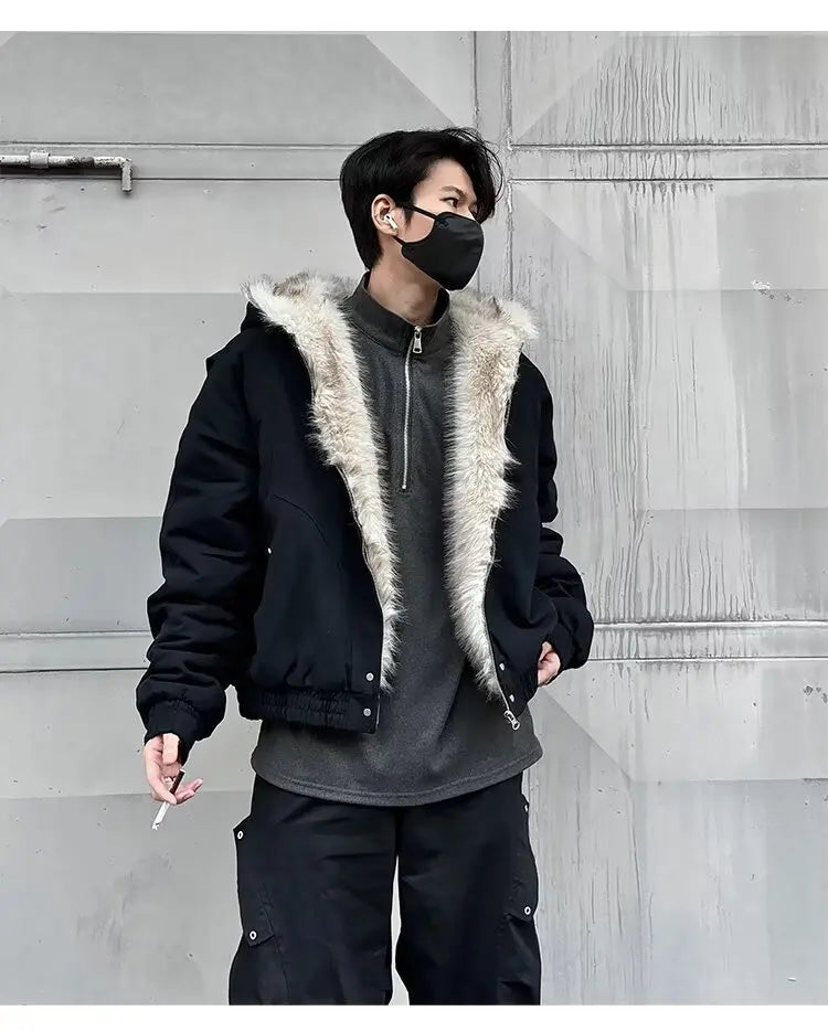 American Retro Lamb Fleece Cotton Jacket Winter Thickened Keep Warm Fur Collar Jacket Zipper Hoodie Loose Coat men clothing