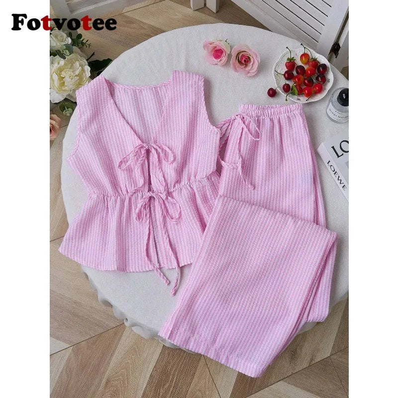 FOTVOTEE 2 Piece Sets Womens Outfits Striped V Neck Lace Up Sleeveless Blouse High Waist Wide Leg Pants Suits Casual Tracksuits
