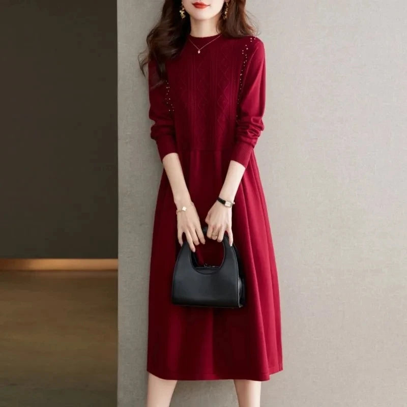 New Knitting Vestidos Women's 2024 Spring Autumn Mid Length Version Ladies Sweater Dress Temperament Lady Bottoming Skirt