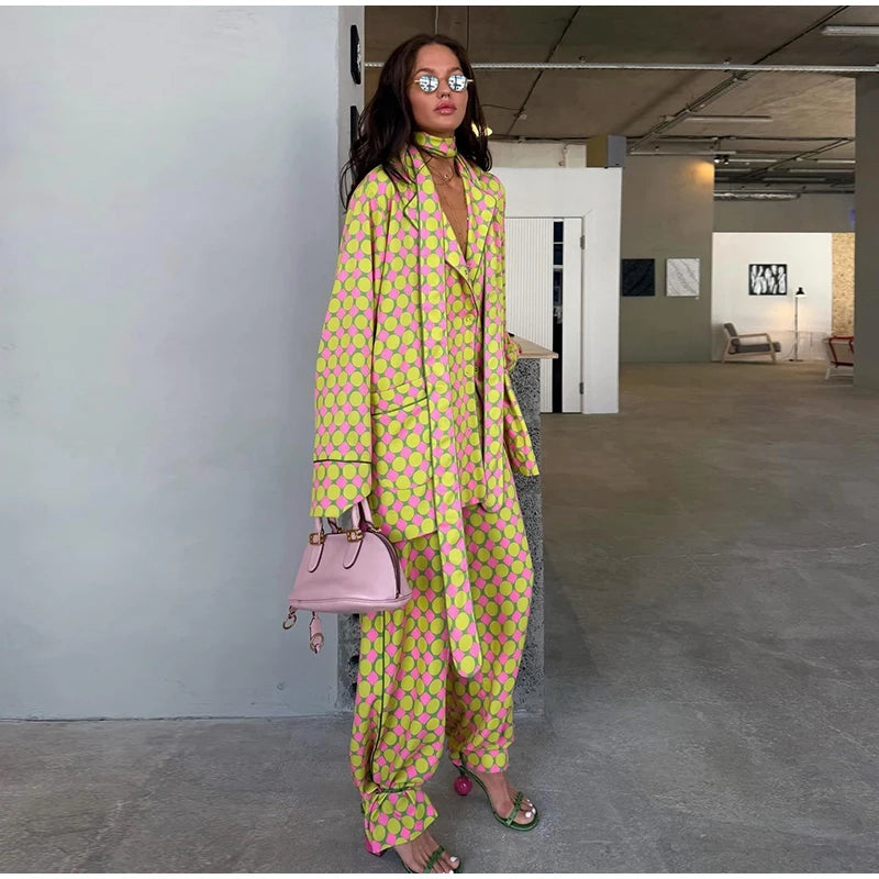 Vacation Geometric Printed Loose Pants Sets Women Lapel Full Sleeve Pocket Shirts Wide Leg Pant Suits 2026 Summer Street Outfit