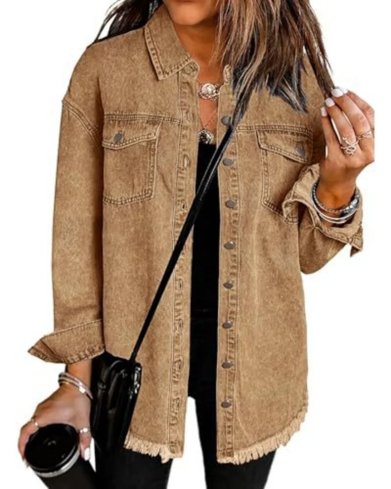 Women's Trendy Washed Denim Jacket New Spring Autumn Trimmed Edges Casual Classic Fit Jeans Jacket for Ladies