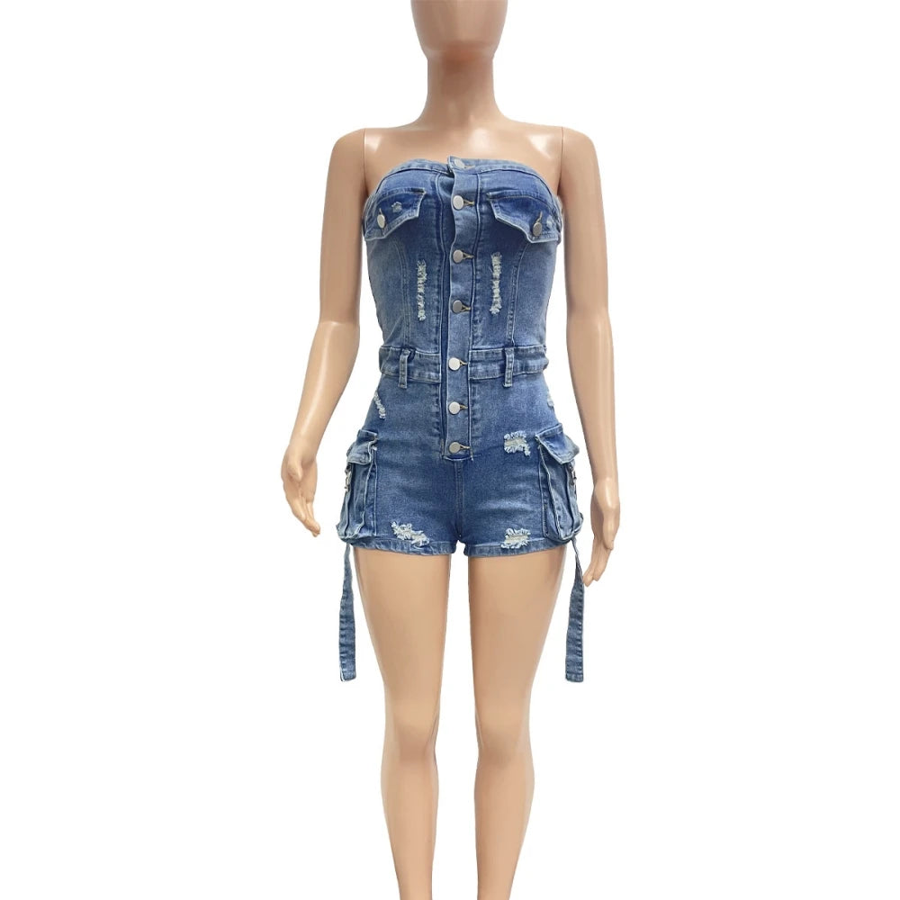 HLJ&GG Blue Denim Fashion Hollow Out Shorts Two Piece Sets Women Sleeveless Backless Bandage  Crop Top And Shorts Cowboy Outfits