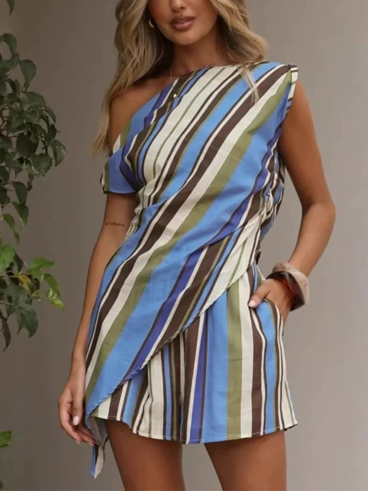 Fashion Pattern Printed Loose Beach Suit Irregular Holiday Set Ladies Diagonal Collared Sleeveless Top with Shorts Summer Outfit