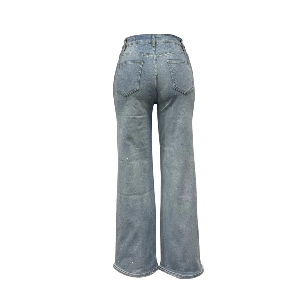 Women's Outfit Featuring Diamond-studded Washed Denim Pants Women's High-waisted Straight-leg Pants, and "hot Girl" Style Pants.