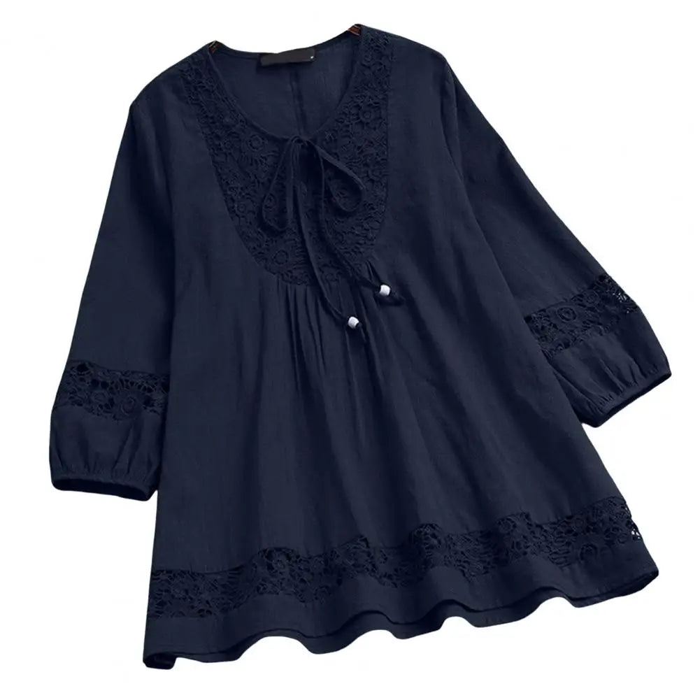 Round Neck Women T-shirt Lace Patchwork Crew Neck Lady Spring Shirt Chic Plus Size Casual Lady Spring Blouse for Dating