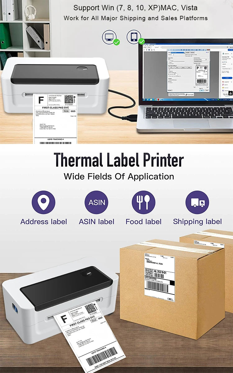 Portable Mini 4x6 58mm Thermal Label Printer for Barcode Address Food Shipping Labels for Zebra Brother DYMO Epson