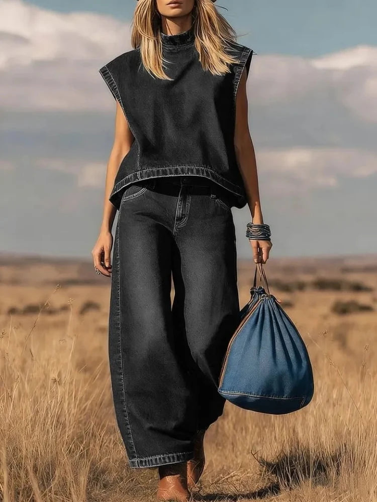 Fashion Denim Two Piece Set for Women Casual Solid Color Loose Simple Sleeveless Top Wide-leg Trousers Holiday Matching Set