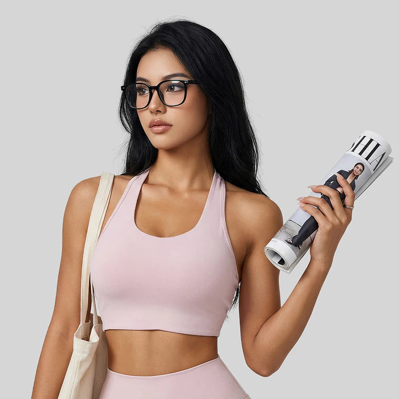 Fashion Neck Hanging Yoga Vest Women Stretchy Racerback Sports Vest with Fixed Built-in Pads Shockproof Push Up Yoga Apparel