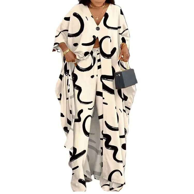 Plus Size Two-piece Set Womens Outfits Elegant V-neck Button-up Printed Seven-quarter Sleeve Blouses and Drawstring Pants Suit