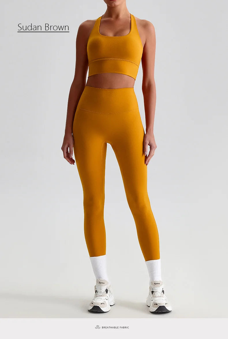 Naked Feel Yoga Set Women Fitness Sportswear 2 Piece Strappy Sports Bra High Waist Gym Leggings Workout Outfit Active Wear