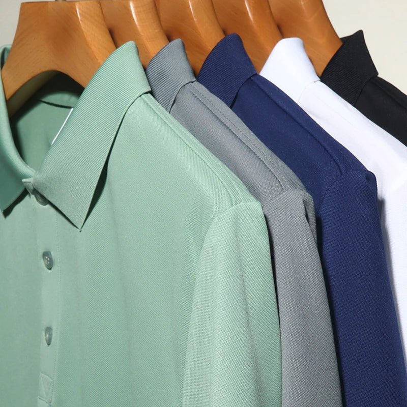 Men's Fashion Solid Short Sleeved Striped Lapel Polo Shirt Summer Breathable Comfortable Top