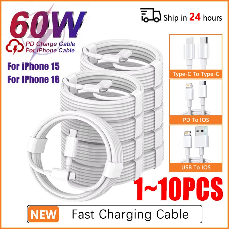PD 60W USB C to Type C Fast Charging Cable for  iPhone 11 13 14 15 16 Pro Max 12 Mini 6 7 8 Plus XS XR iPad USB A MFi Certified