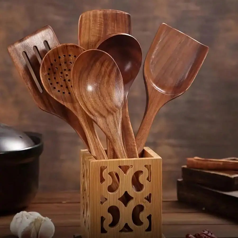 Wooden kitchen utensil cooking set, household spatula spoon set, salad spoon fork, mixing spoon, kitchen baking set
