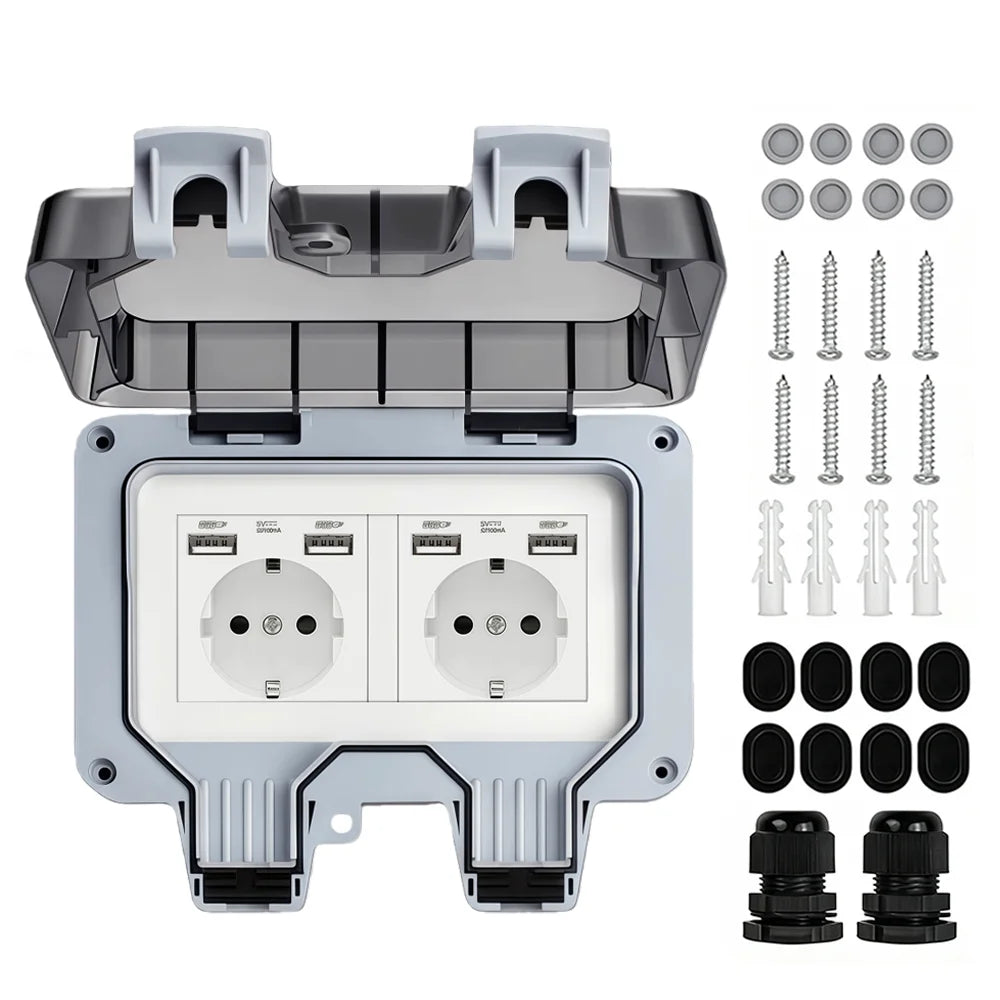Waterproof Outdoor Socket,Double Power Outlet with Protective Cover ,Dustproof Windproof Socket,Wall-Mounted Garden Power Outlet