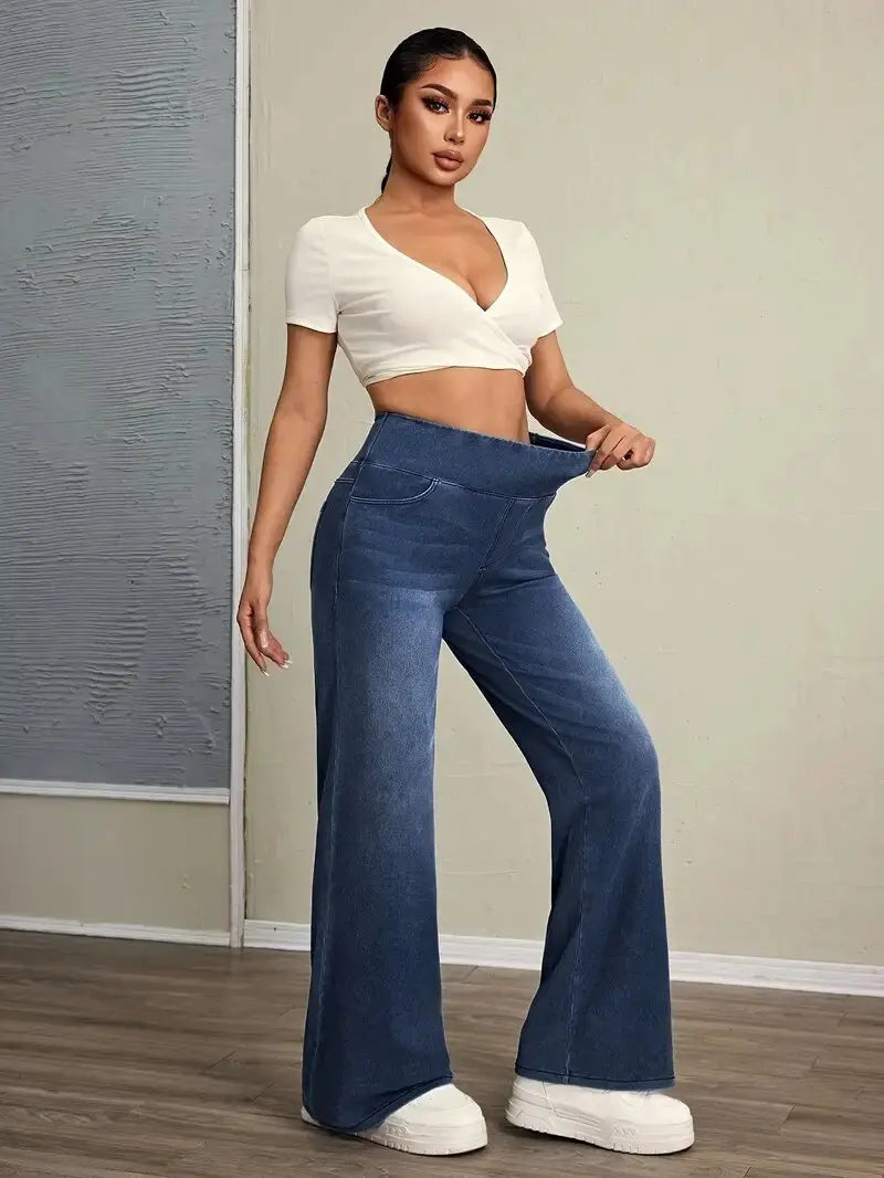 Women's Jeans New Elastic Waist High Stretch Loose Straight-Leg Pants Trendy Comfortable Versatile Cross-Border