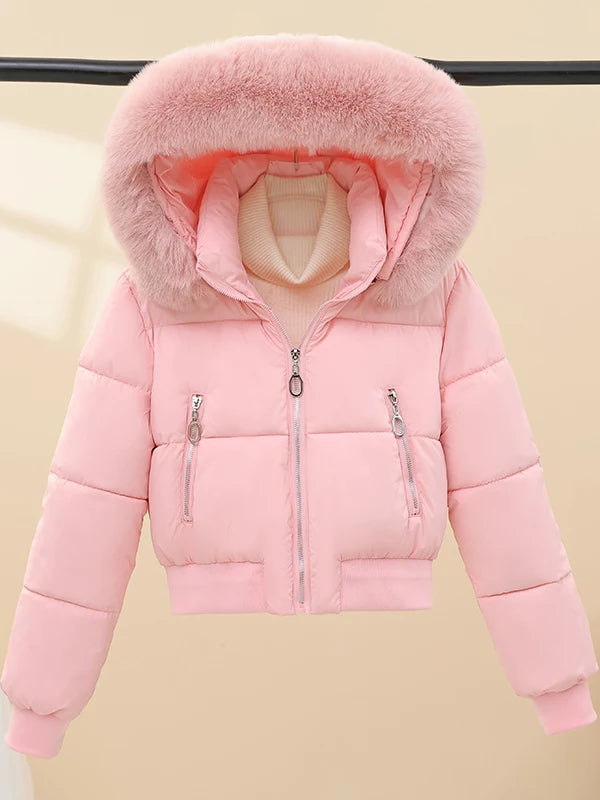 Korean Style Short down Cotton Jacket Women's Thickened Large Fur Collar Hooded Coat Slim Fit Commute Element  Color