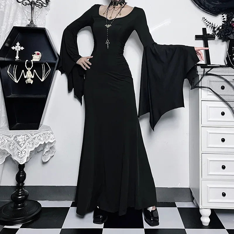 Halloween Costume Women Batwing Sleeve Floor Dress Black Gothic Evil Terror Maxi Mistress Morticia Addam Family Outfit For Adult