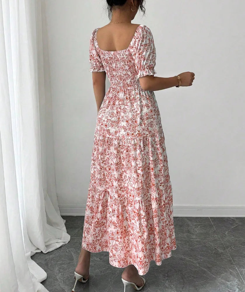 Spring and Autumn Women's Square Neck Short Sleeve Long Skirt Fresh Printed Casual Fashion Slight Backless Temperament Dress