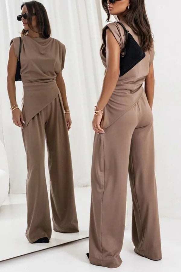 2 pieces women sets 2026 Summer New Fashion Solid Color Irregular top+long wide leg pant sets women's clothing