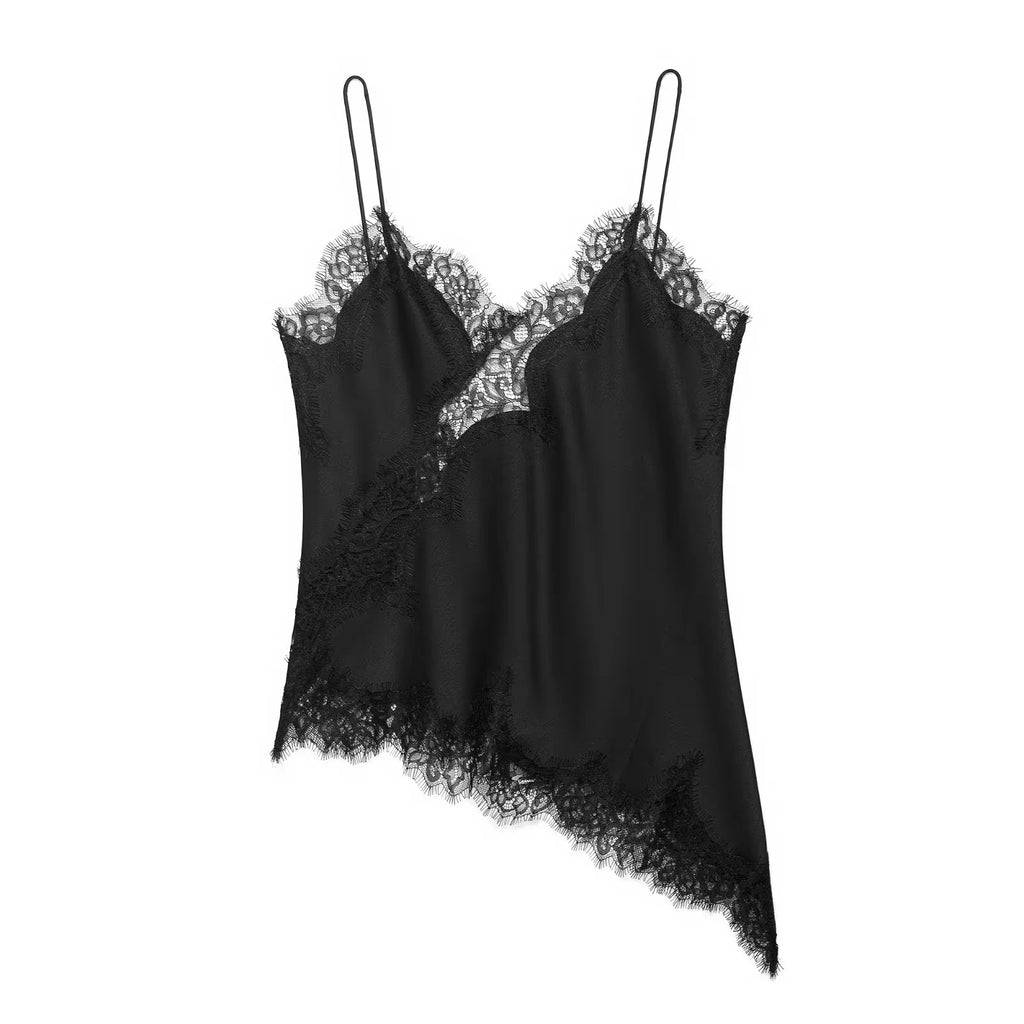 HH Women Fashion Lace Stitching Camisole Asymmetric Hem Sexy Backless Tank Top Summer Trend Lady Club Party Evening Chic Tops