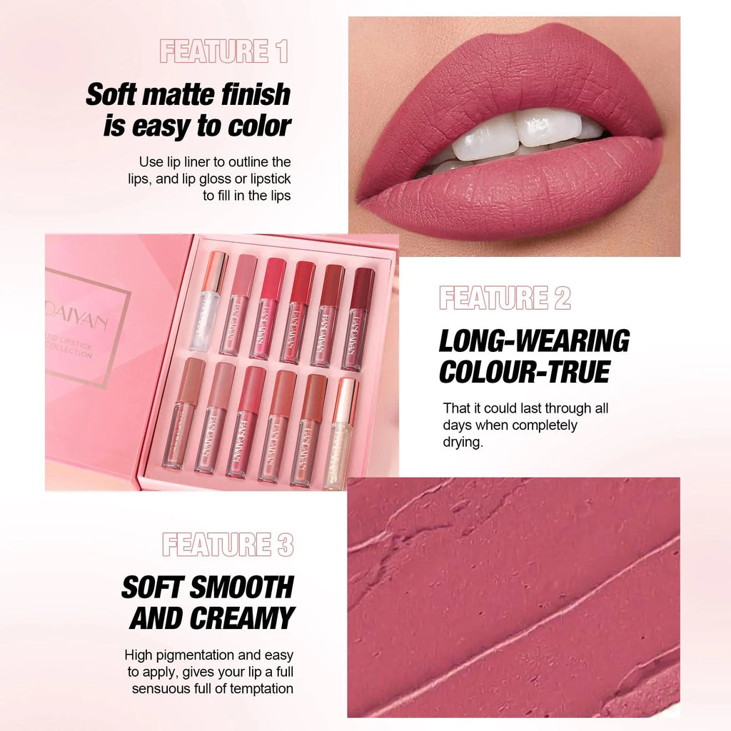 12 Shades Velvet Lipstick Set Nude Matte Lip Gloss Long Lasting Waterproof Smudge Proof Beauty Makeup Kit