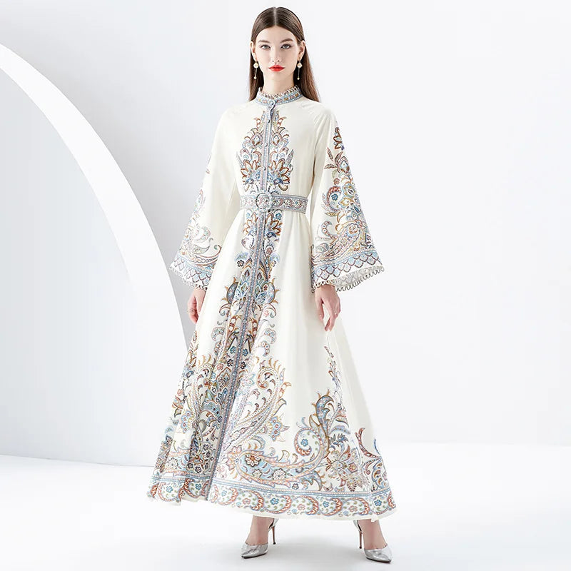 2023 New Silk Long sleeved Ethnic Style Retro Printed Dress for Women's Vacation Style Standing Collar Long Swing Dress