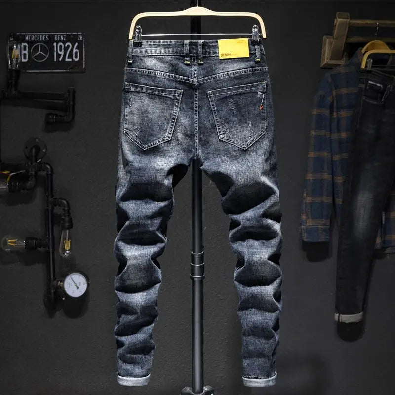 Elastic Fashion Jeans Men Ripped Vintage Slim Denim Pants Hip Hop Distressed Frayed Fashion Men's Clothing Pants