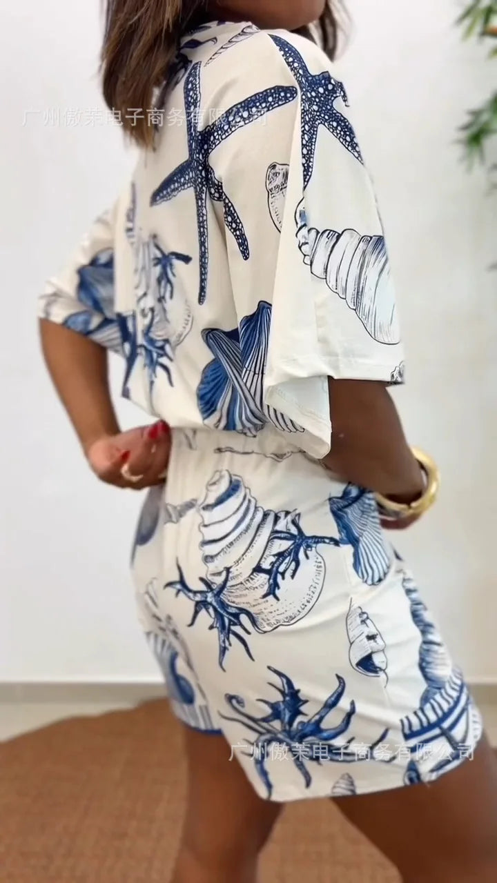 Women V Neck Beach Printed High Waist Stretch Jumpsuit Shorts Overall Playsuit