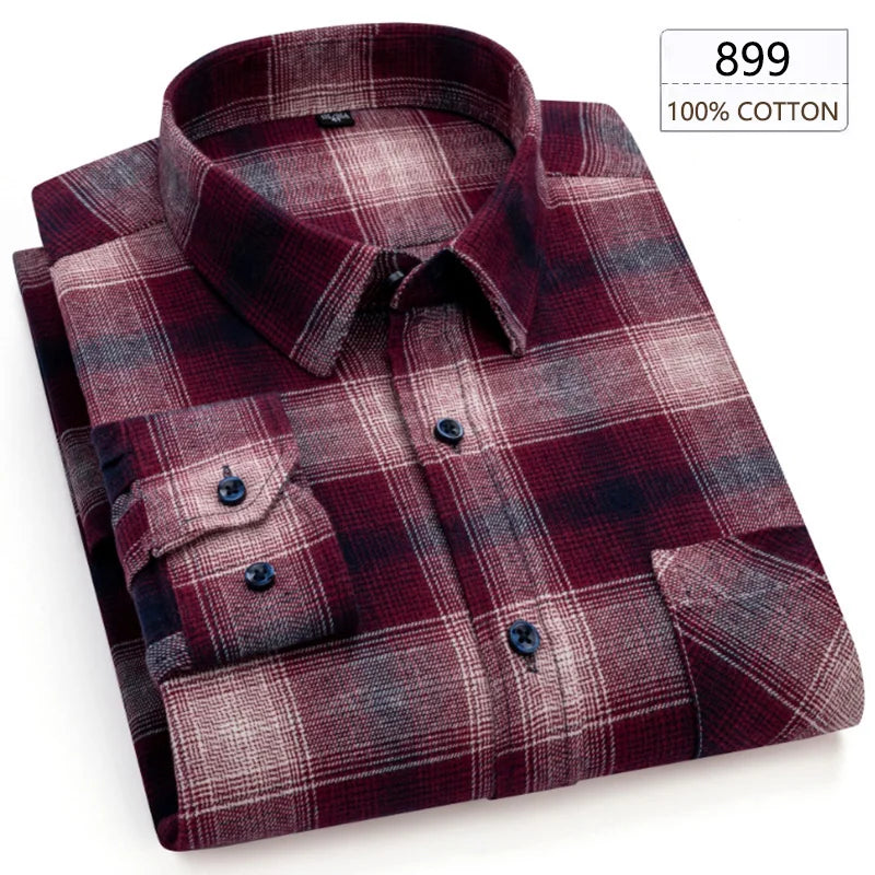 Men's Winter Chic Long Sleeve Shirt Cotton Flannel Plaid Button-Up Comfortable Warm Top for Business Casual Dress Shirts New