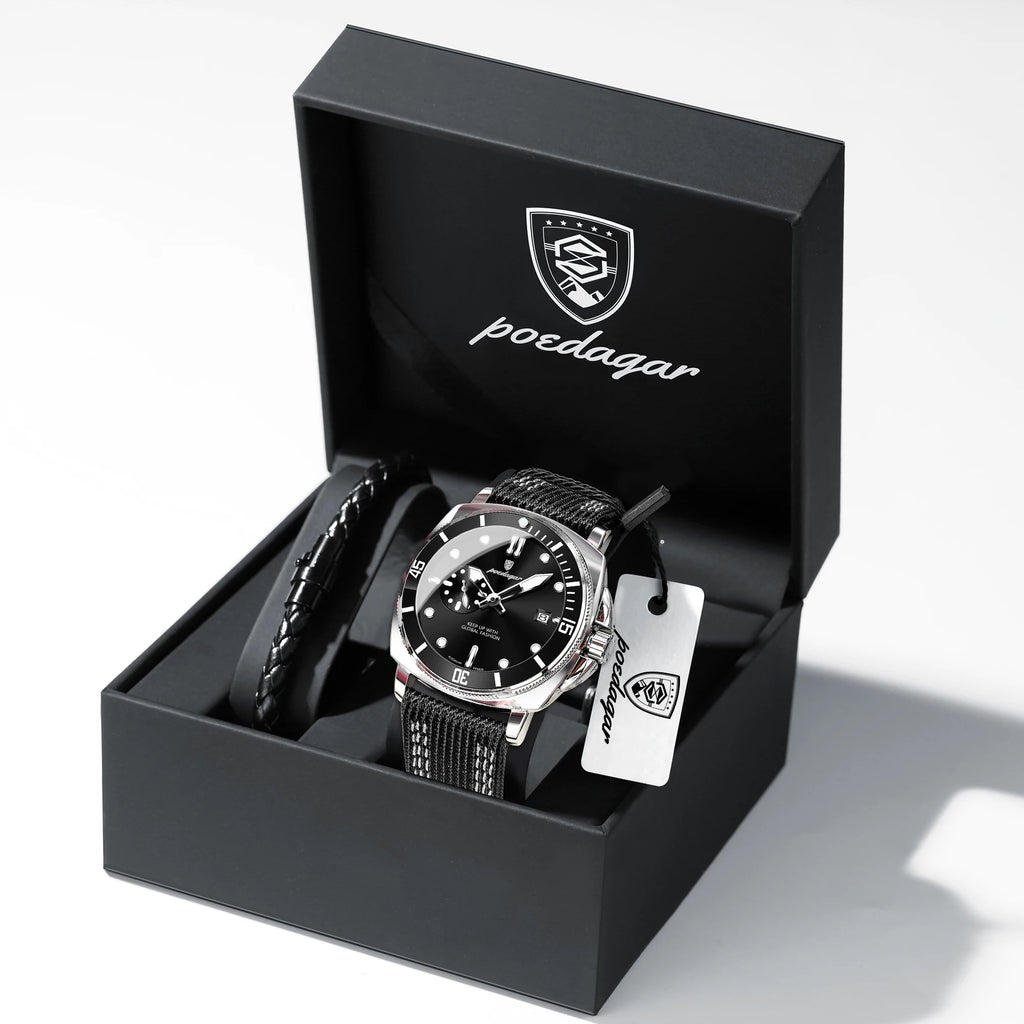 POEDAGAR Sport Military Men Clock Waterproof Luminous Date Top Luxury Watch For Man Nylon Leather Quartz Men's Watches Reloj+Box