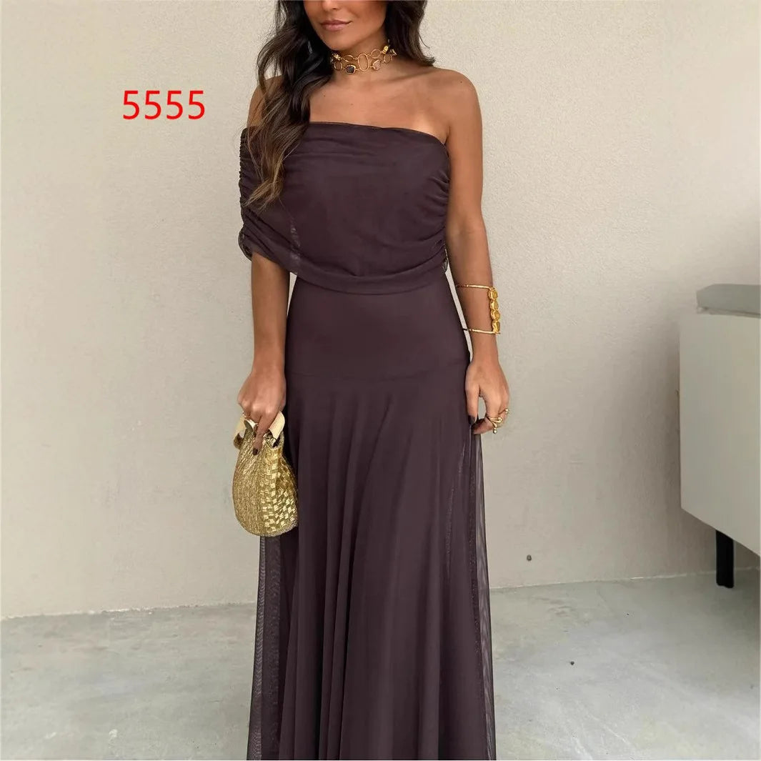 European and American Women's Clothing Tube Top Mesh Stitching Slim Temperament Dress Perspective 2025 Autumn New Models