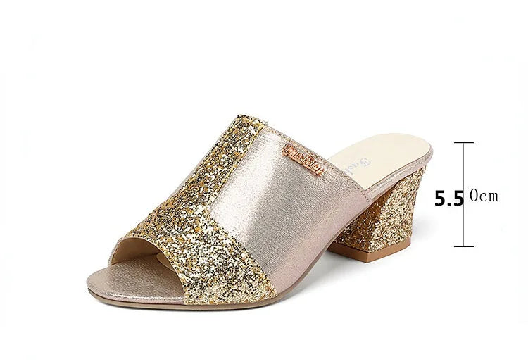 Plus Size 43 Women's Slippers 2025 New Summer Fashion Sequin Cool Slippers Outer Wear Women's Thick Heel Slippers Ladies Sandals