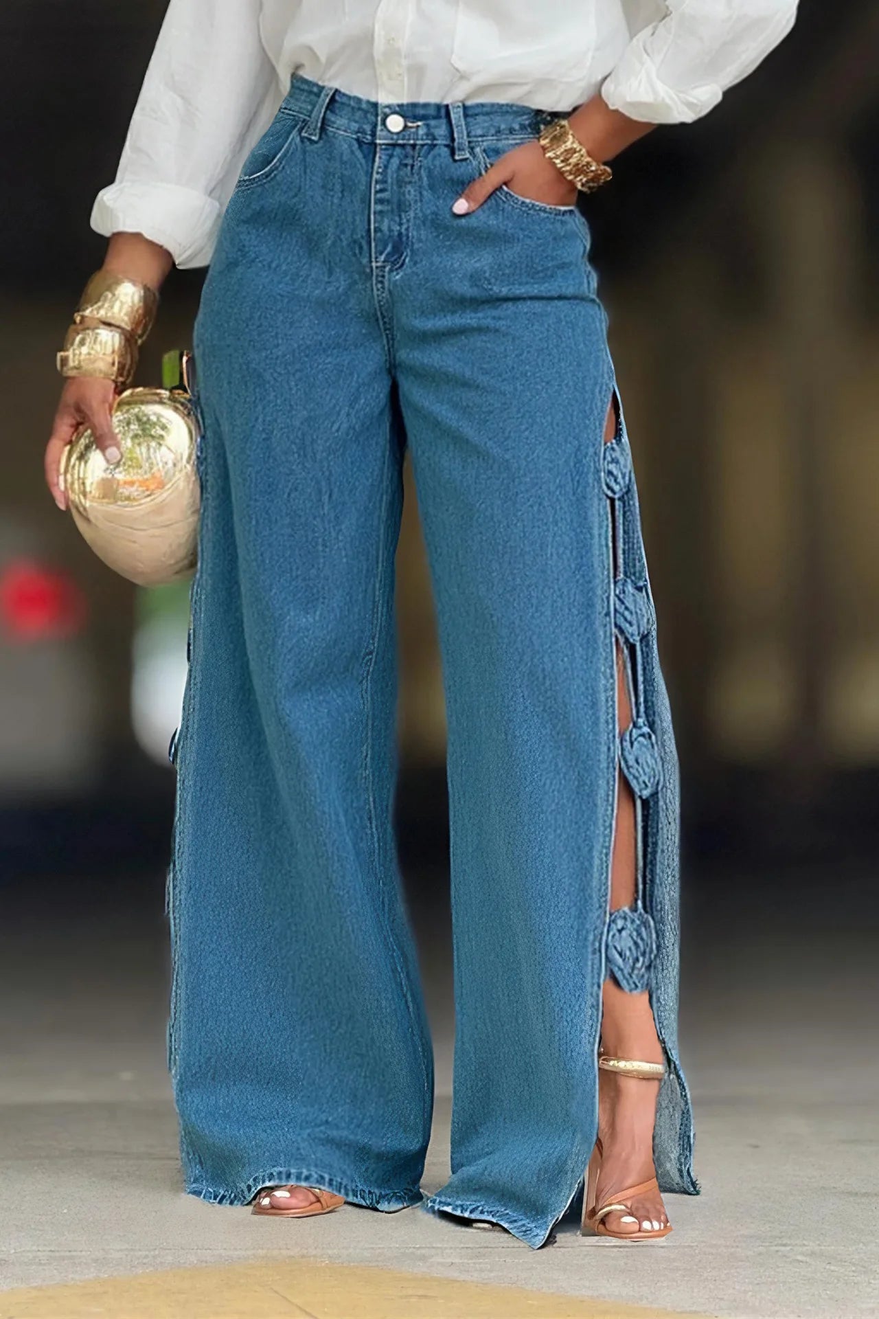 New Women's Jeans Patchwork High Waist Washed Distressed Loose Wide Leg Trousers Fashion Hollow Out Streetwear Retro Denim Pants