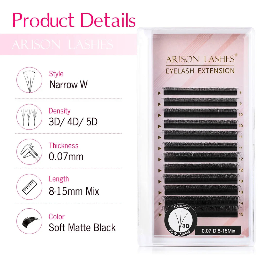 ARISON Narrow 3D/4D/5D W Eyelashes Extension Premade Fans V Shaped Soft Matte Black Easy Pick Up False Lashes