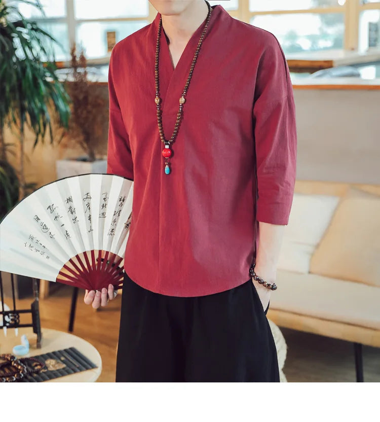 Summer Kimono Japanese Style Short Sleeve Men New Half-sleeved Cotton Linen Breathable Men Clothing T-shirt Japanese Yukata Tops