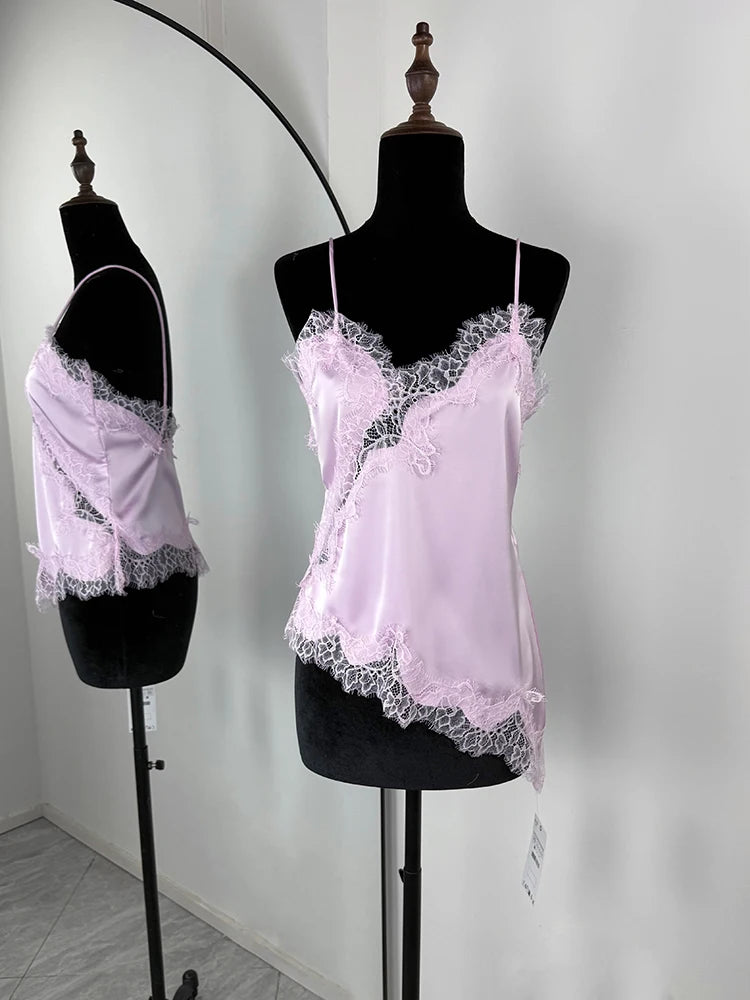 Tuularose Women's Lace Spaghetti Strap Dress Sexy Sleeveless Lace Patchwork Asymmetrical Dress Summer Party Looks Elegant Dress