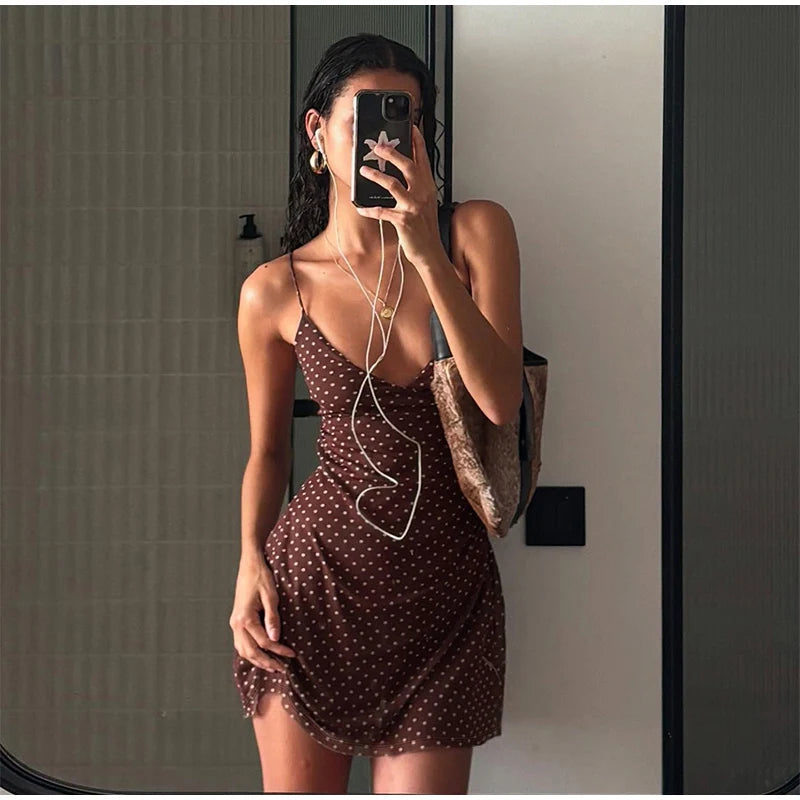 Sexy Polka Dot Print Nightgown Contrasting Color V-neck Y2k Slim Fit Dress Summer Hot Girl Backless Camisole Dress Summer Dress