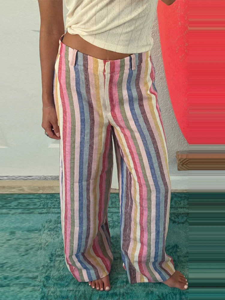 Women's Pants Bohemian Colorful Striped Panelled Wide Leg Trousers Fashion Lady High Waist Multi-color Slim Partywear Streetwear