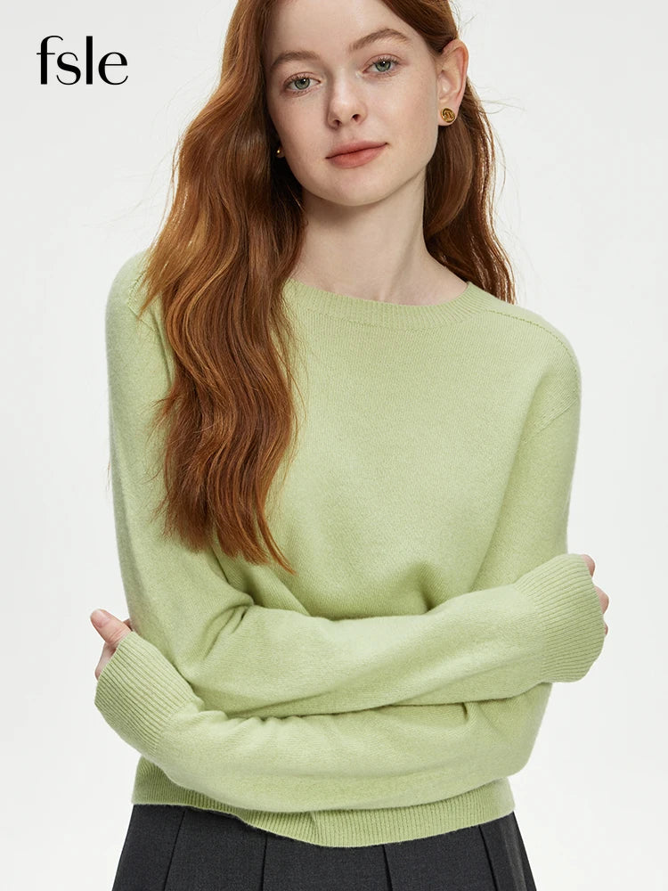 FSLE 100% Wool Seamless One-piece Knit Shirt Sweater For Women Autumn Winter New Design Wool Crew Neck Versatile Casual Sweater