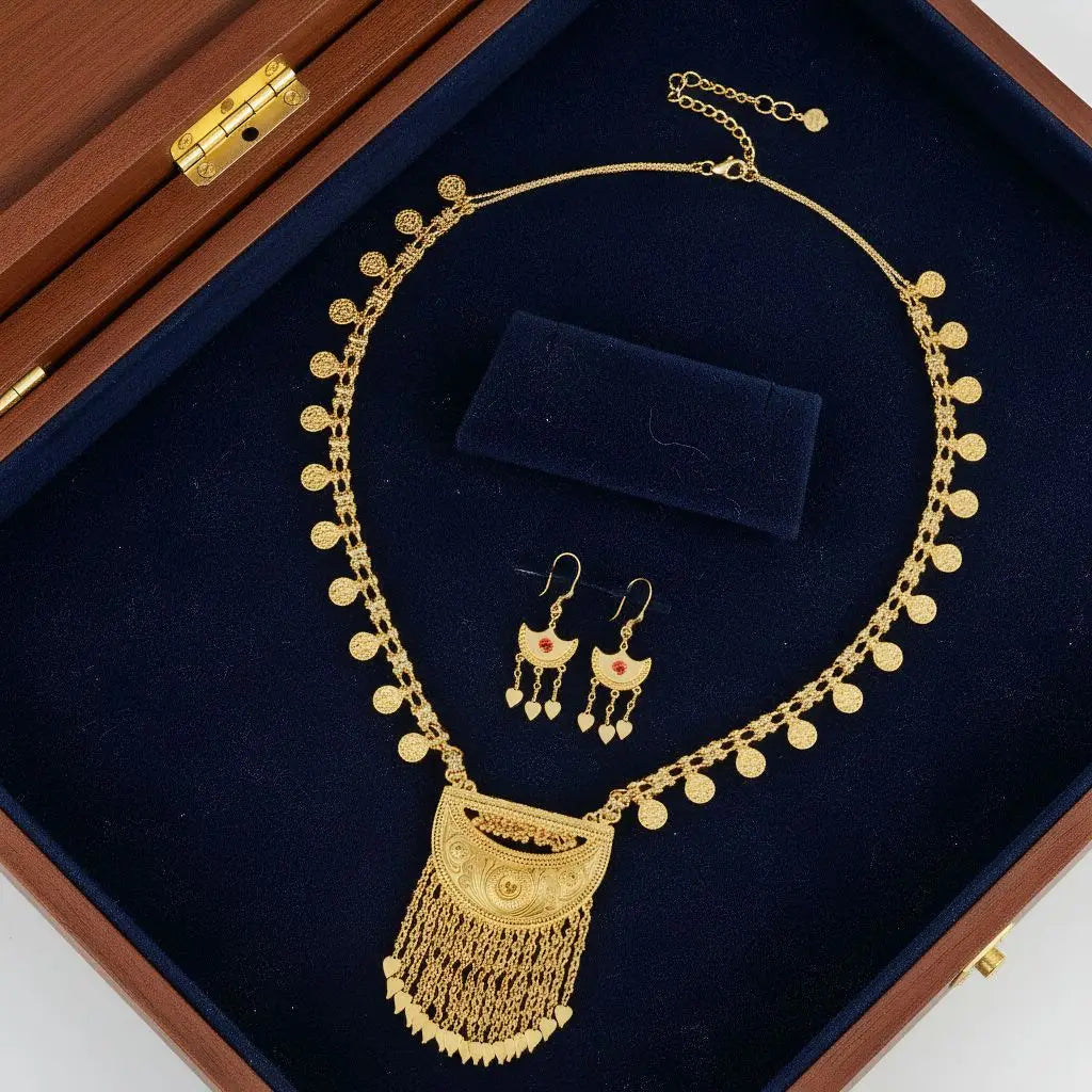 Tassel Necklace Earrings Long Set Women's 24K Gold AU999 - Exquisitely crafted 24K gold, smooth tassels, great for gifting